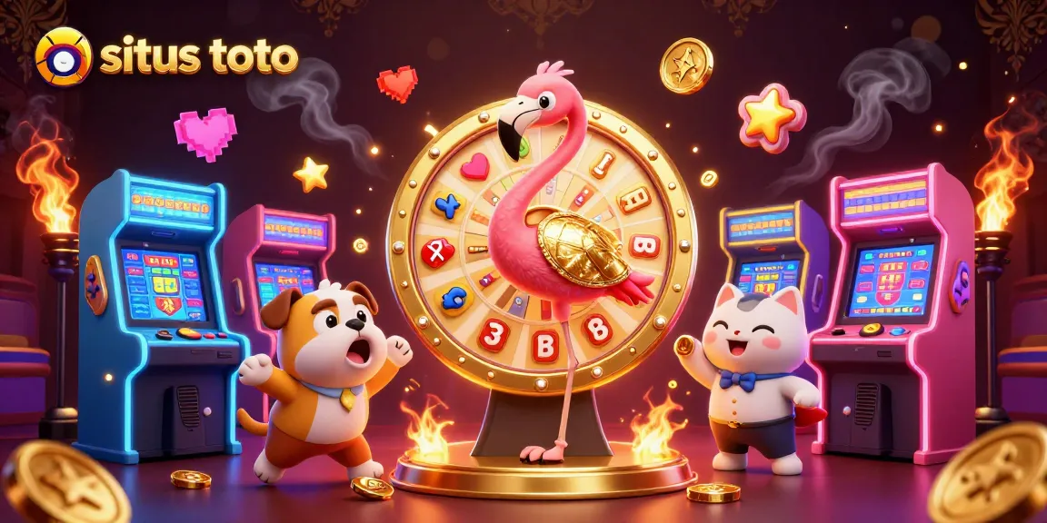 Engage with situs toto in excitement as a flamingo host spins a prize wheel, while a bulldog contestant celebrates.