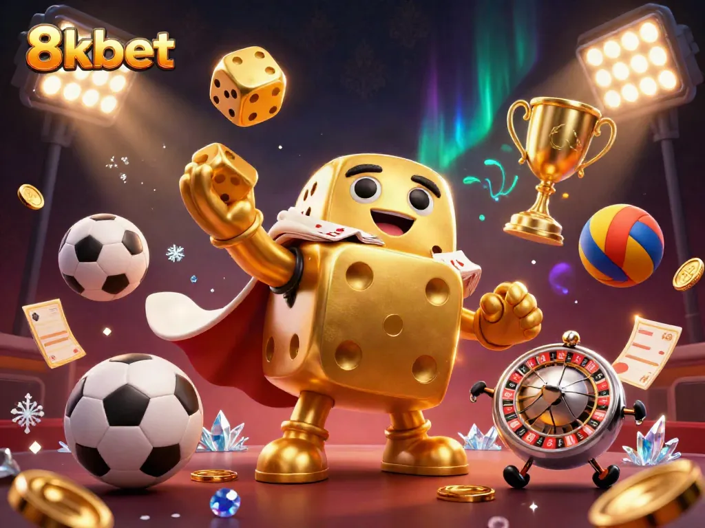 Experience the excitement of 8kbet with golden dice golem and dynamic sports elements in a rich casino scene.