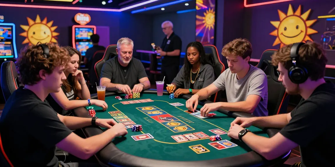 Exciting sunwin gaming night at a casino table with diverse players engaging in a thrilling card game.