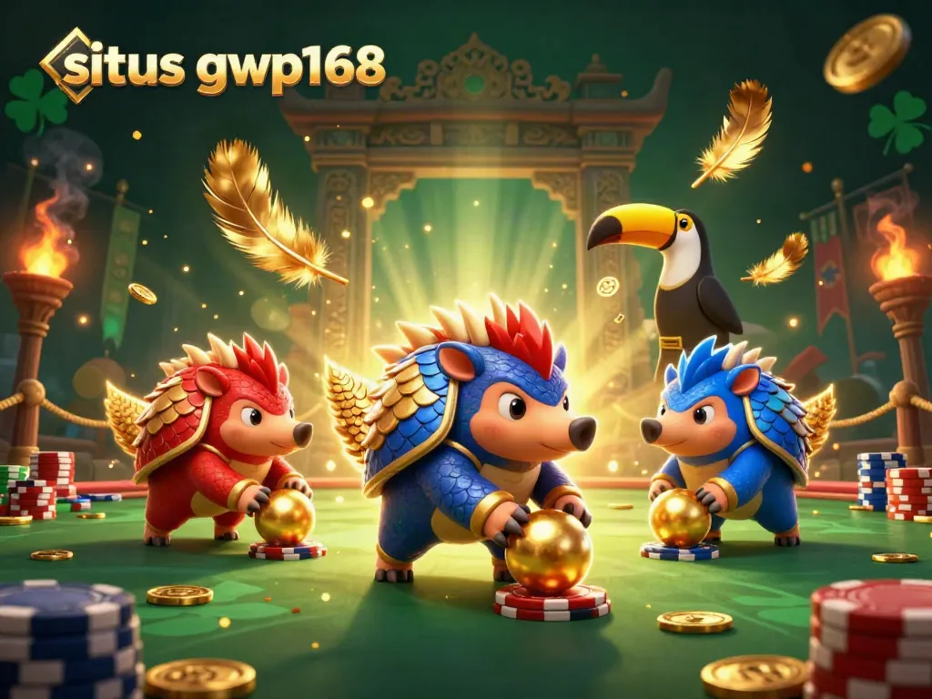 Gambar karakter pangolin berwarna merah dan biru di situs gwp168, bermain dan berguling di antara tumpukan chip poker.