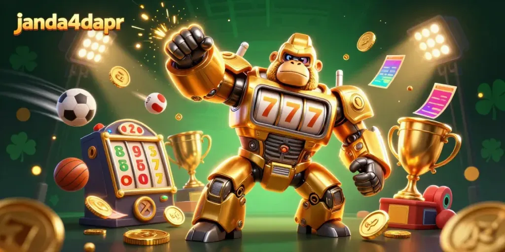 Janda4dapr menghadirkan ilusi digital kasino dengan gorila emas dan simbol slot menyala.