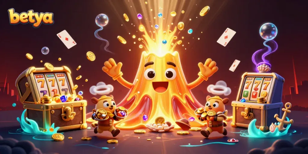 Place your bets with Betya's vibrant casino scene featuring gold-laden treasures and interactive gaming.