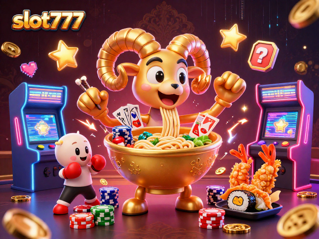 Menangkan permainan slot777 dengan ilustrasi menarik dari karakter unik dan mesin permainan yang penuh warna.
