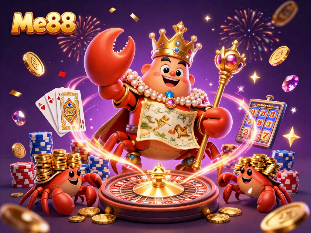 Engage with Me88's thrilling online casino experience featuring the golden crab emperor amidst a dynamic gaming scene.