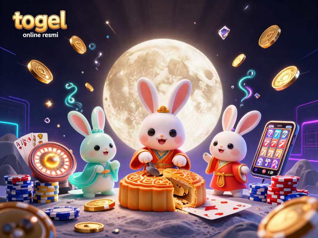 Tangkap momen menarik togel online resmi dengan ilustrasi 3D karakter kelinci bulan dan item kasino.
