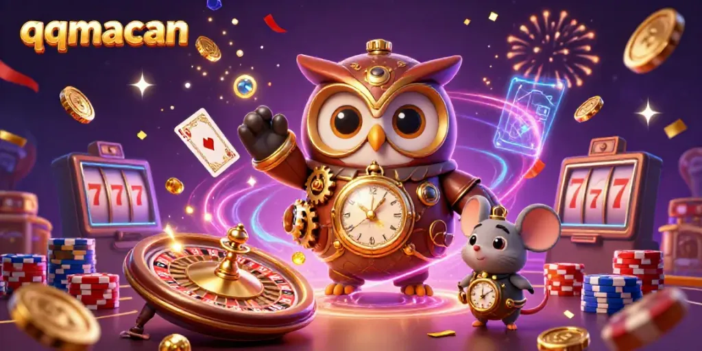 Enhance your gaming experience with qqmacan showcasing a vibrant casino scene filled with dynamic characters and winning elements.