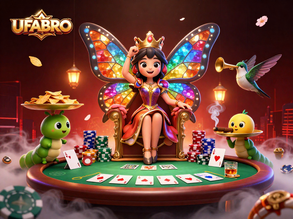 Bet on UFABRO, the rich casino illustration shows a butterfly queen, poker elements, and a vibrant atmosphere.