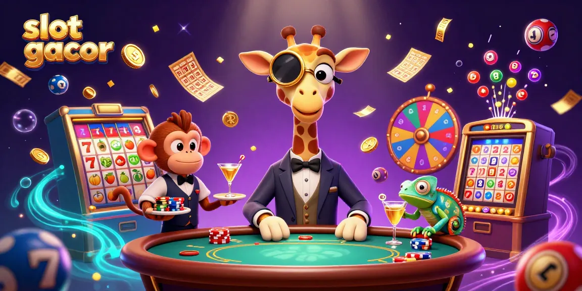 Gambar slot gacor dengan karakter jerapah dan monyet di kasino yang penuh warna.