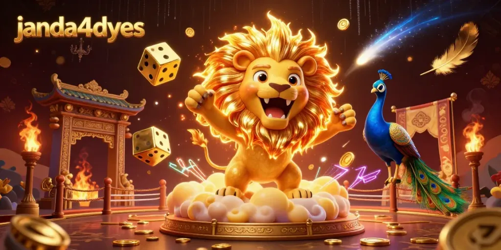 janda4dyes menghadirkan ilustrasi 3D kartun dengan singa matahari roar dan dadu emas dalam konteks kasino