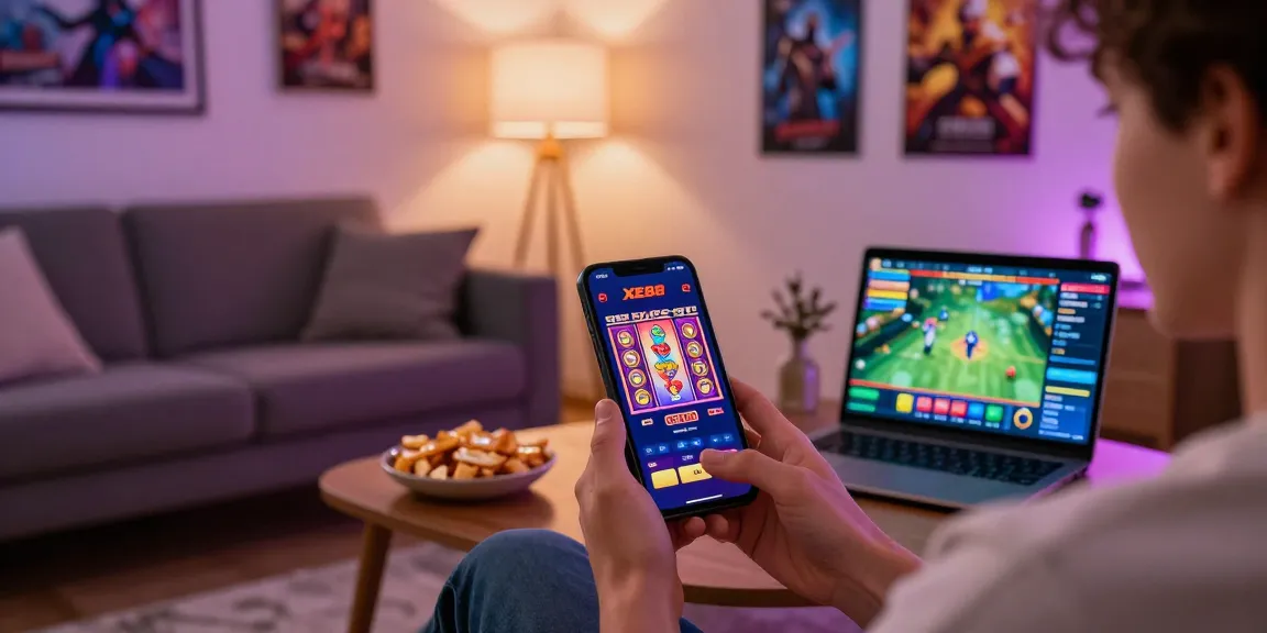 Player enjoying the XE88 gaming experience on mobile in cozy living room.