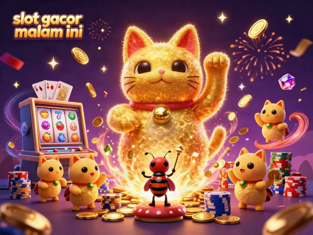 Menampilkan slot gacor malam ini dengan kucing keberuntungan dan elemen kasino yang berkilau, penuh energi.