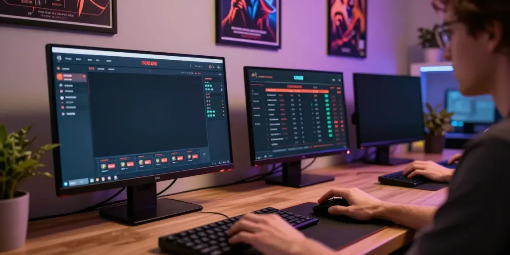 User interacting with unsurtoto online betting platform at a vibrant and modern workspace.
