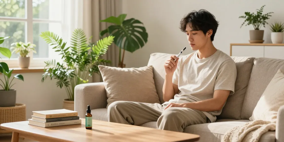 Can you vape in Cyprus? Natural wellness scene with CBD oil and a vape device in a bright living room.