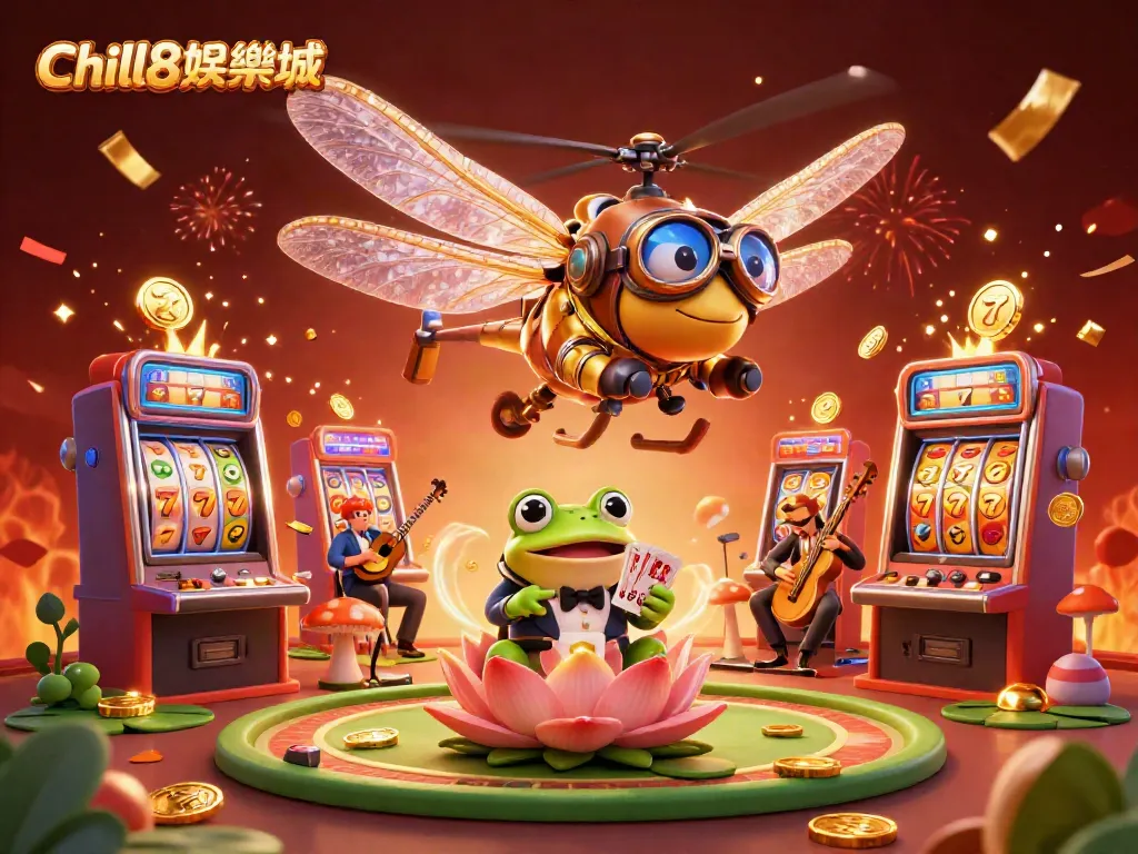 在Chill88娛樂城中，享受飄動的老虎機和金色彈出獎金的快感，賭桌上青蛙荷官正專注發牌。