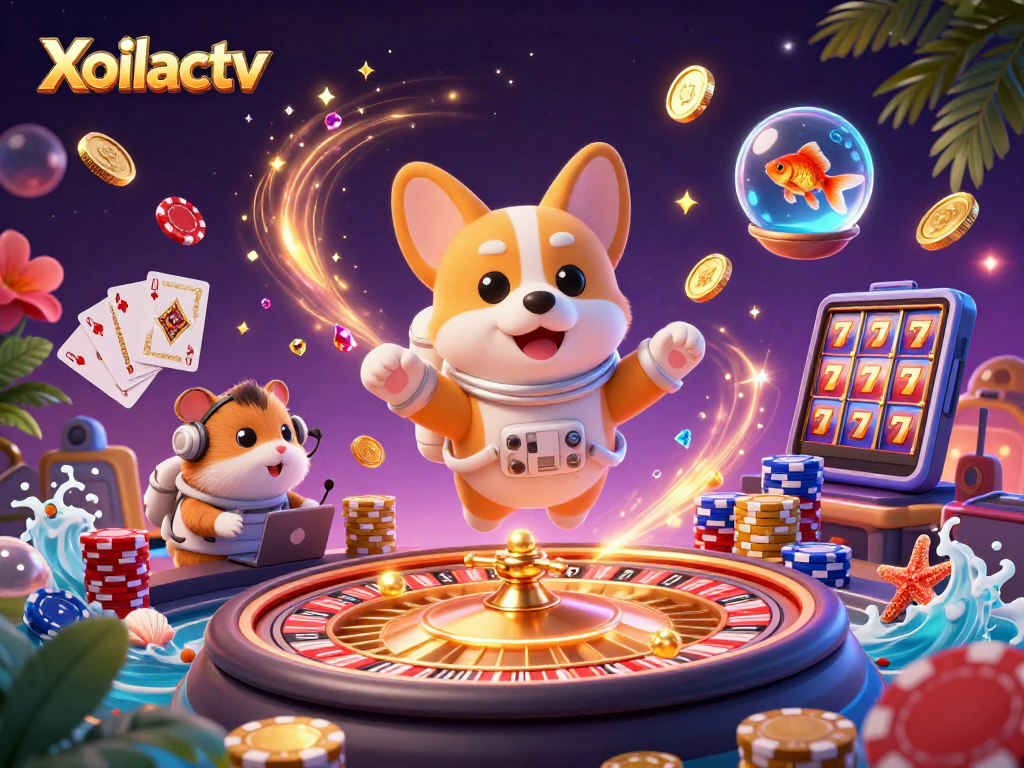 Xoilactv brings excitement with a floating corgi astronaut and vibrant casino elements