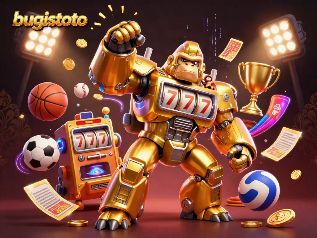 Bugistoto showcases thrilling gameplay with gold coins and a golden gorilla mech punching through the air.