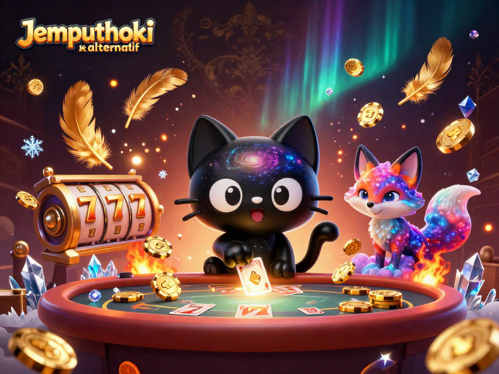 Engage with Jemputhoki link alternatif at this vibrant cosmic casino illustration featuring animated characters and slot elements.