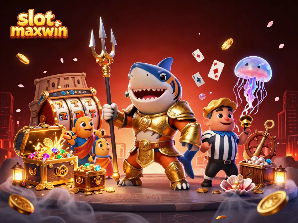 Bermain slot maxwin dengan hiu kartun dan atmosfer koloseum bawah laut yang megah.