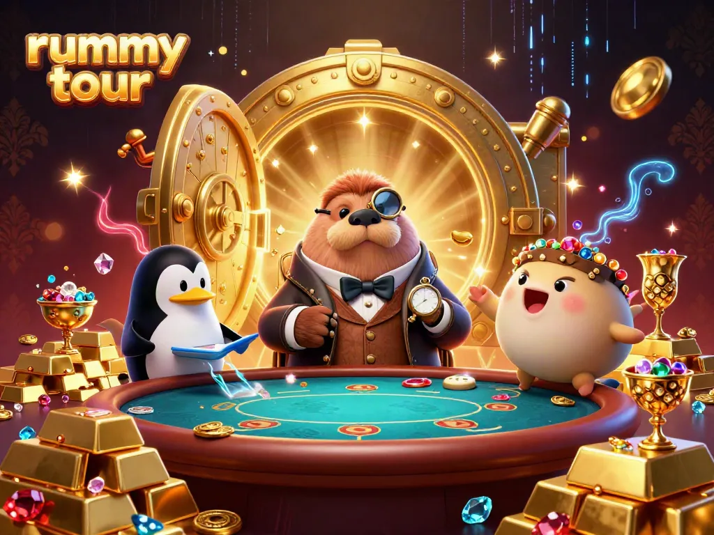 Rummy tour di bawah laut dengan walrus dan penguin berurusan di meja poker, gemerlap harta karun.