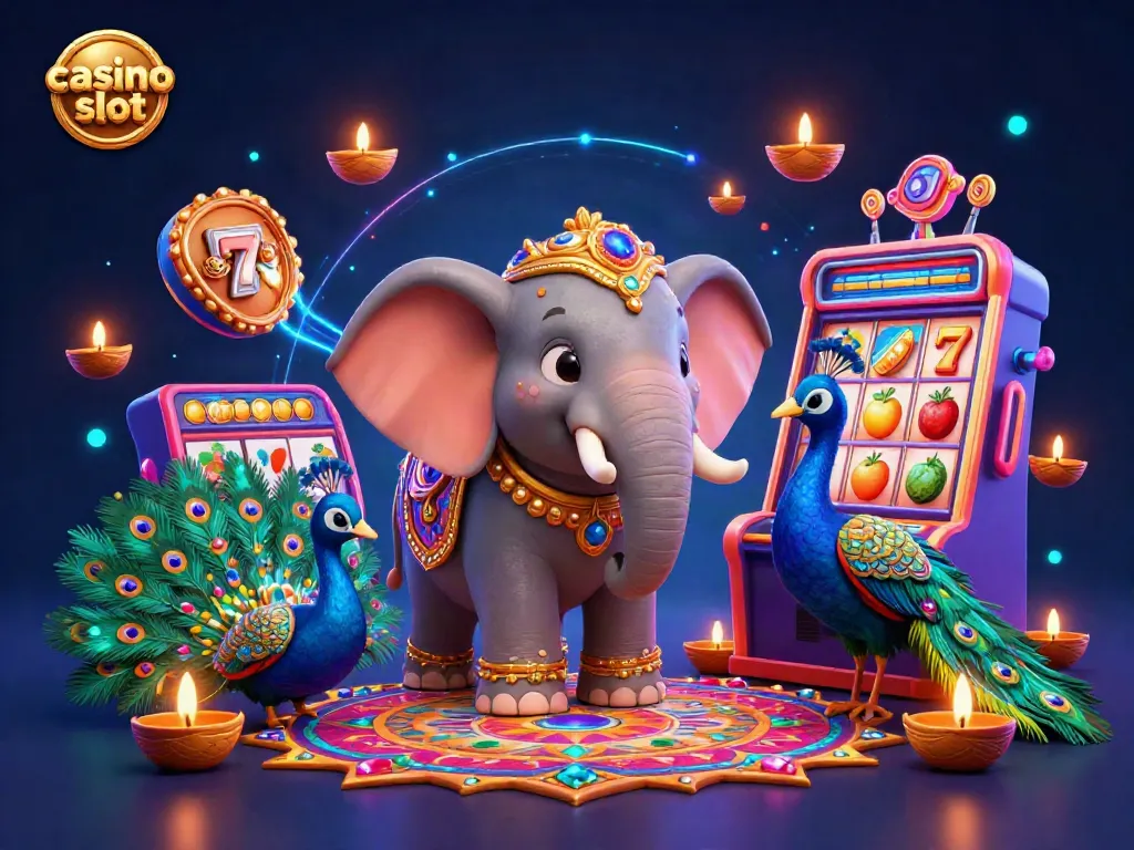 Play vibrant casino slot games with a Diwali-themed elephant and peacock in a lively 3D scene.