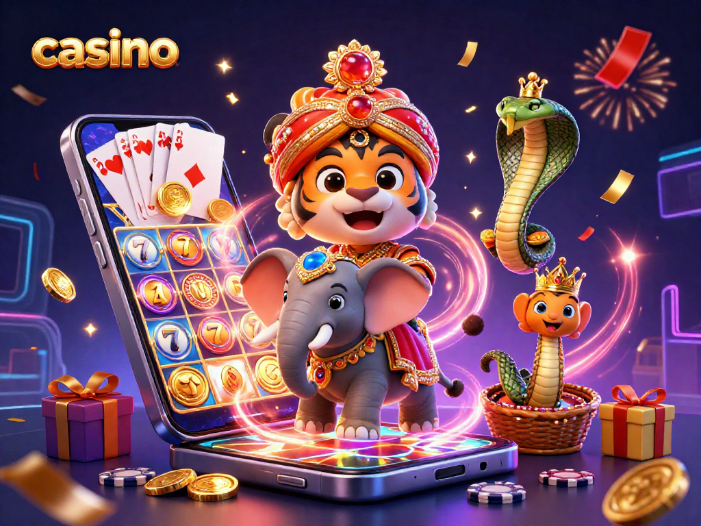 Play exciting games at casino with a vibrant scene featuring a maharaja and jubilant slot elements.