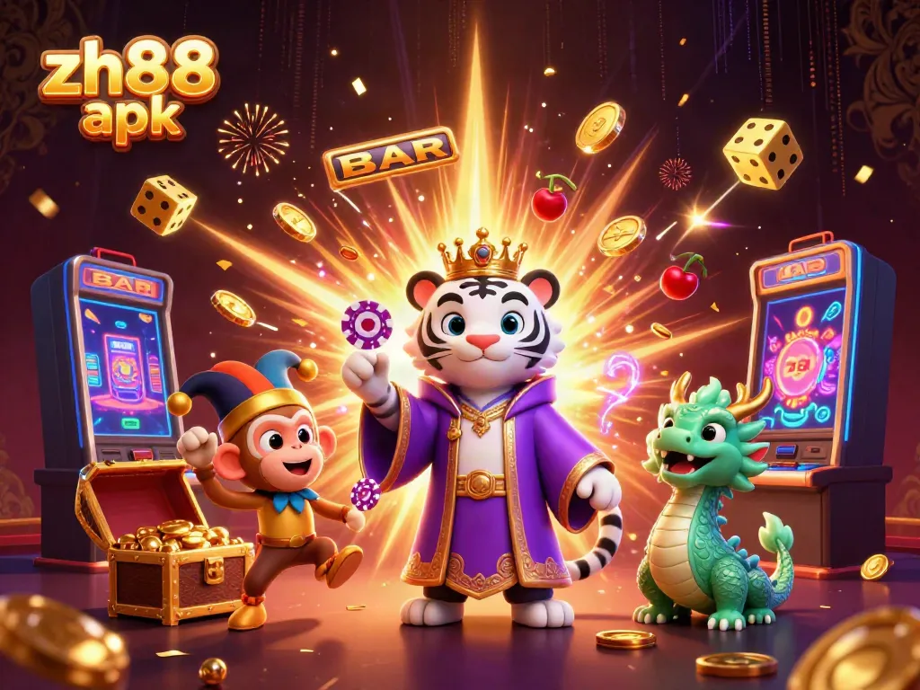 Experience the thrill of gambling with the zh88 apk featuring a playful scene of winning symbols and vibrant characters.