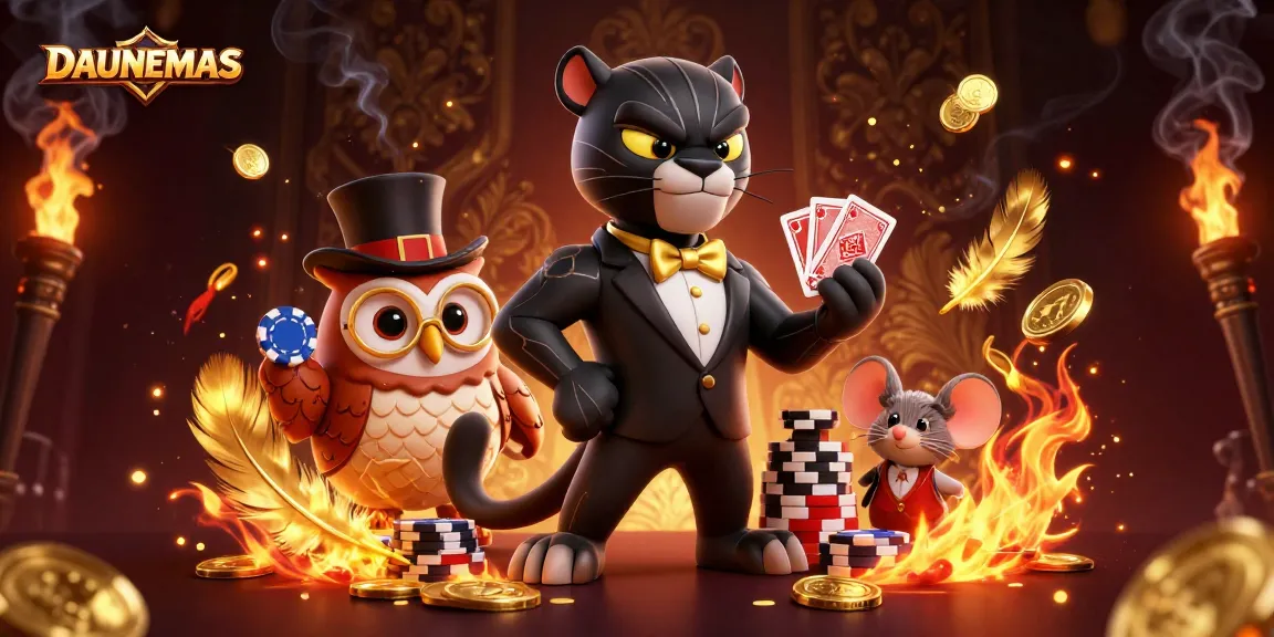 Engage with DAUNEMAS in a vibrant casino scene featuring a panther, owl, and mouse.