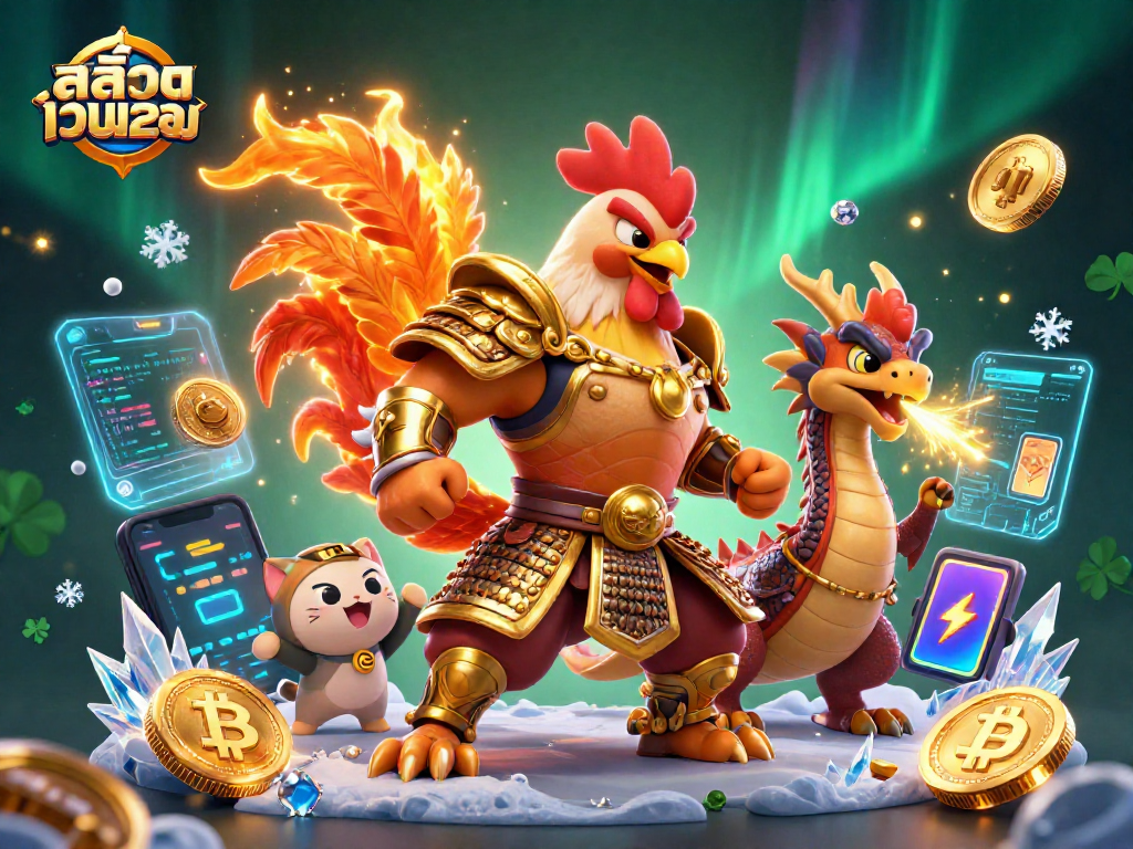 Engage with สล็อตเว็บตรง featuring a warrior rooster, dragon, and fortune cat in a vibrant 3D casino scene.