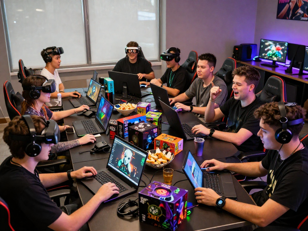 Engaged gamers exploring mind control porn-themed games in a vibrant gaming room.