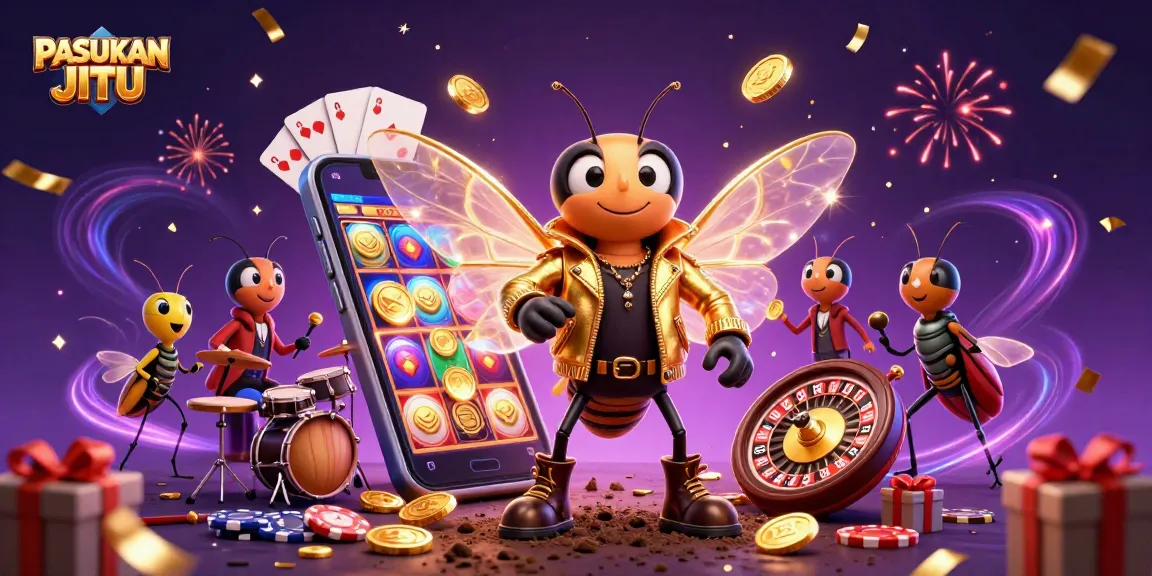 Experience PASUKAN JITU with vibrant slot games and animated characters in a lively casino scene.