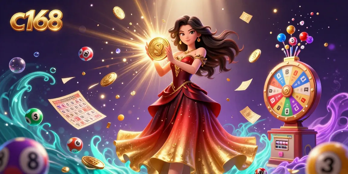 Engage with the exciting world of c168's lottery experience featuring vibrant balls and a dazzling golden centerpiece.