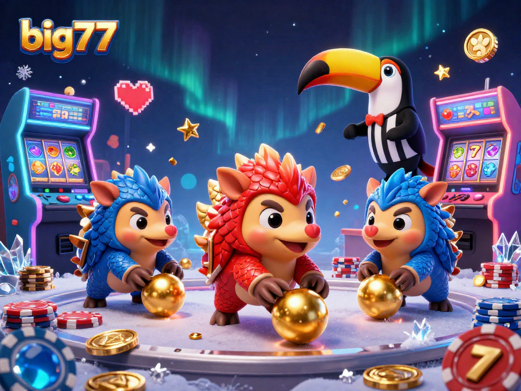 Engage in the excitement of big777 with rival pangolins playing dynamic slots amidst vibrant casino elements.