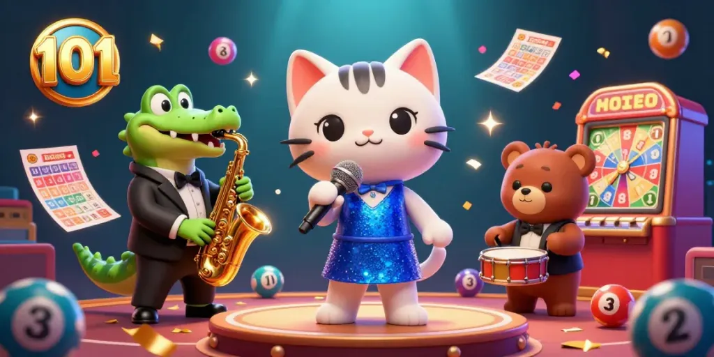 Experience the excitement of bingo 101 with a lively 3D scene featuring colorful bingo elements and animated characters.