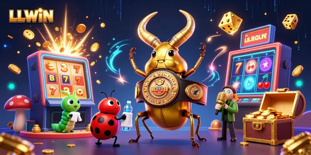 Engage with LLWIN through a vibrant 3D casino illustration showcasing a giant golden stag beetle and exciting game elements.