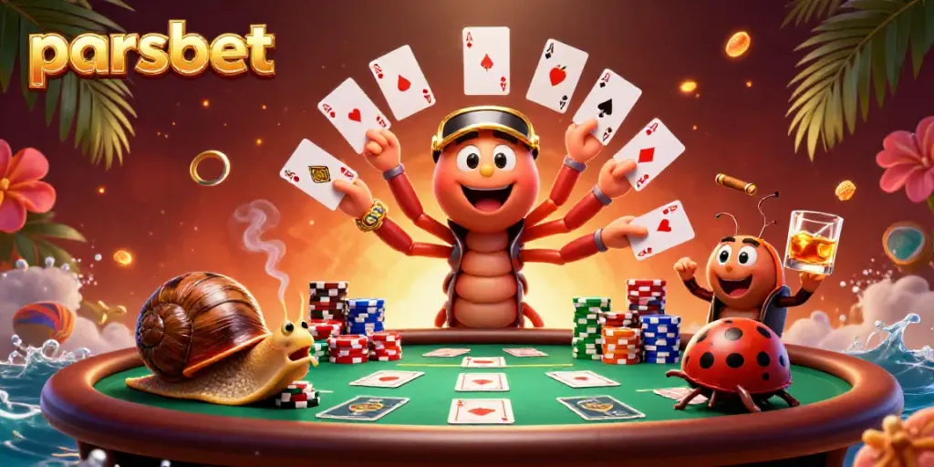 Parsbet üzerine kart dağıtan 3D milipede ve heyecanlı oyuncular ile dolu renkli bir casino sahnesi.