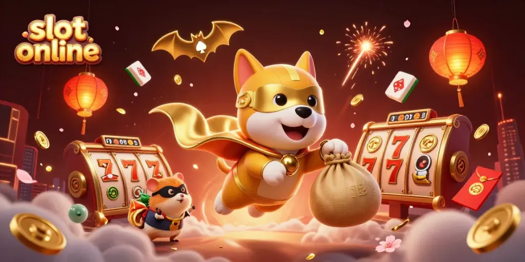 Experience thrilling action in slot online with a superhero dog and a hamster amidst festive casino elements.