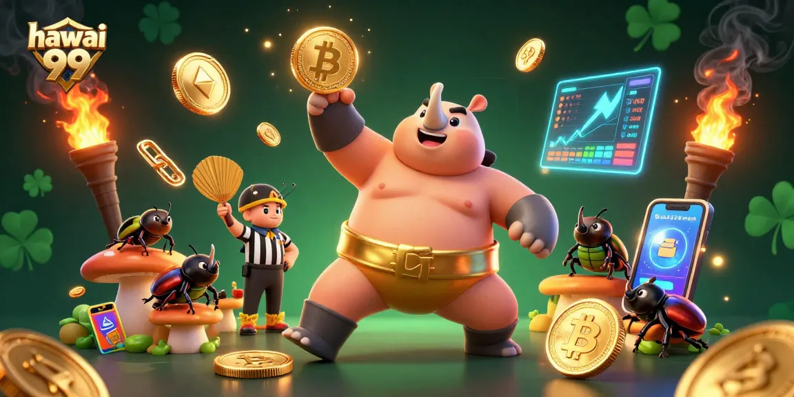 Experience vibrant gaming action with hawai 99 featuring sumo beetles and crypto coins flying.