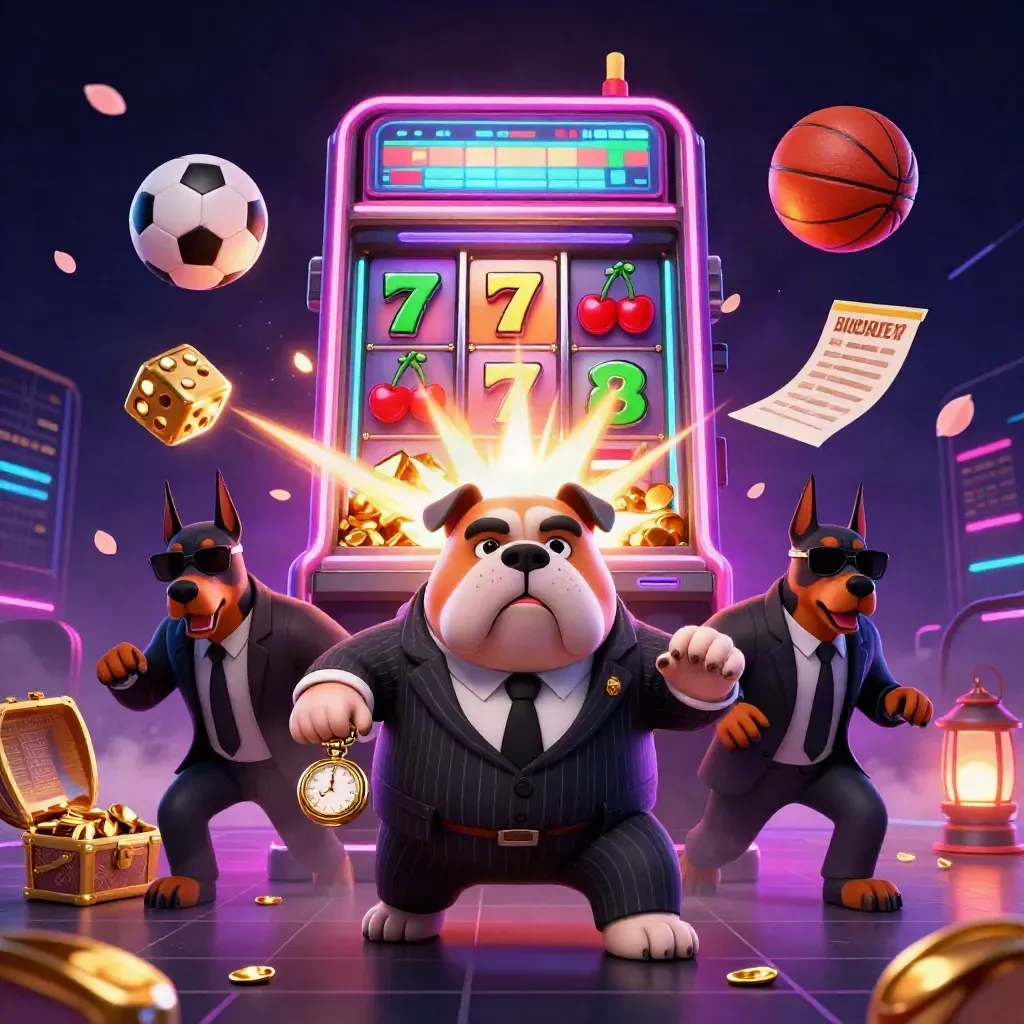 Bulldog casino boss and Dobermans amid exploding slot symbols, balls, gold and neon haze.