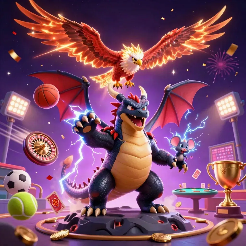 Thunder dragon, wind hawk, and spark mouse amid casino magic, coins, and glowing game props.