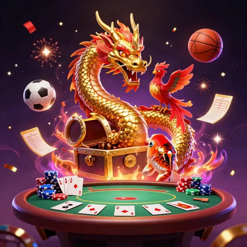 Golden dragon casino art with poker chips, balls, confetti, and magical purple energy.