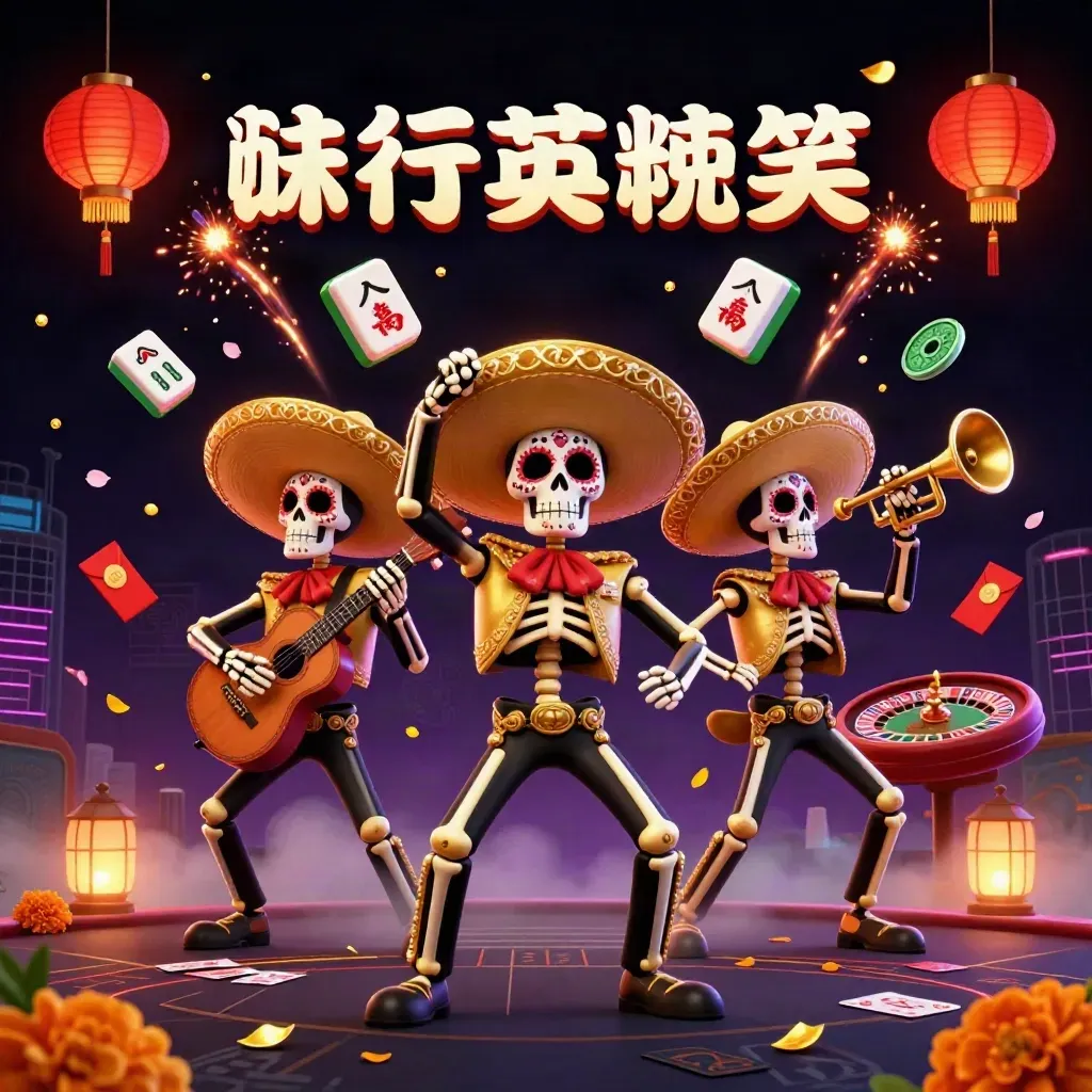 Skeleton mariachi trio amid casino props, lanterns, coins, petals, and glowing neon atmosphere.