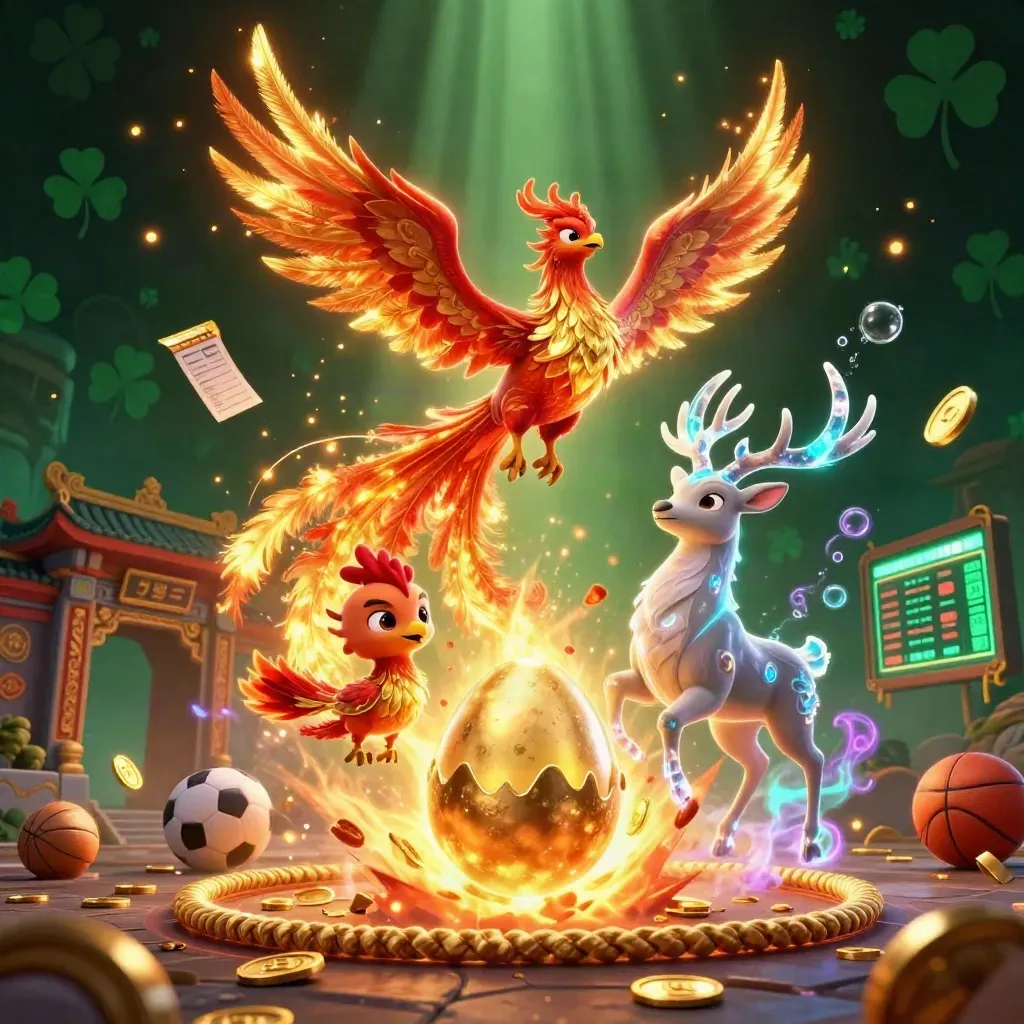 Phoenix, stag, and hatchling swirl amid casino gold, coins, and neon glow.