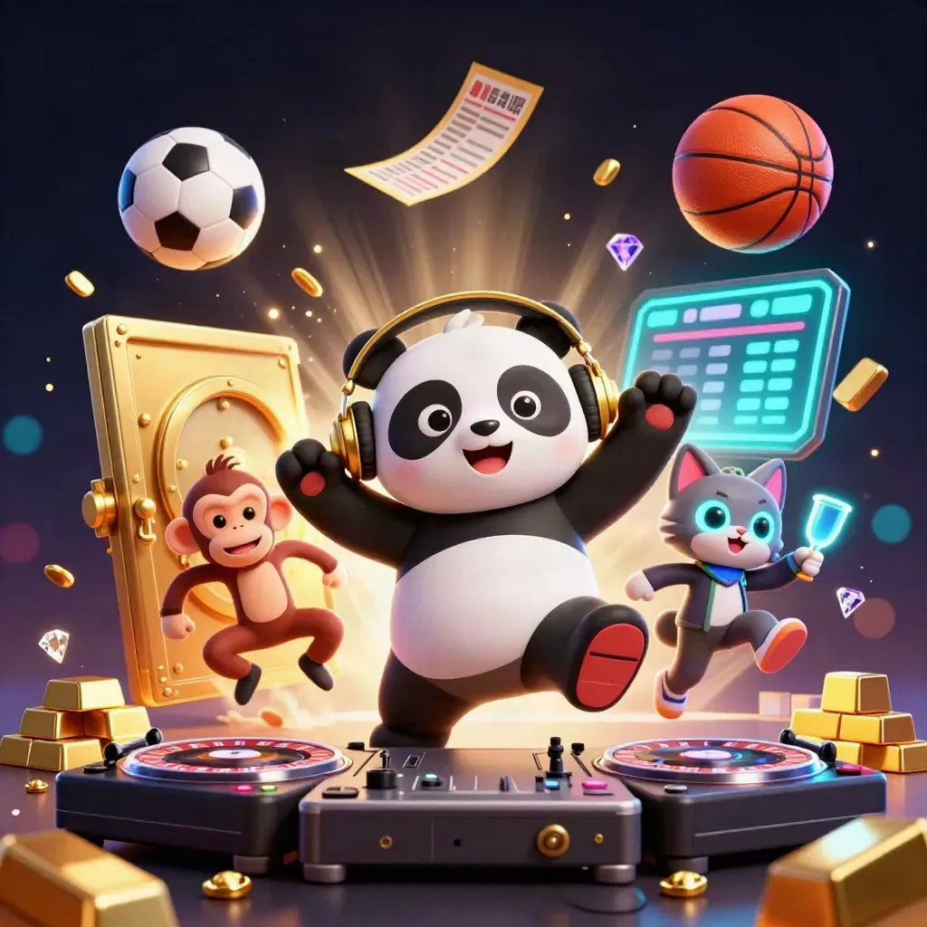 DJ panda, monkey, and glow kitten with flying casino sports props and treasure light