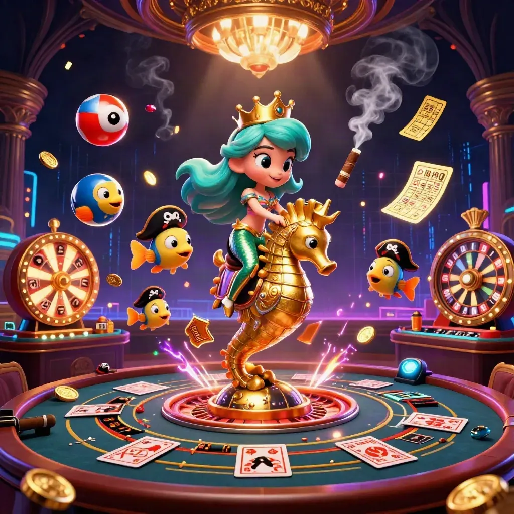 Mermaid princess on a golden seahorse amid neon casino effects, roulette, cards, and lottery balls.