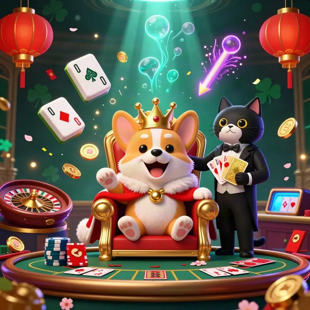 Crowned corgi and cat butler in a luxe casino scene with lanterns, coins, roulette, and neon glow.