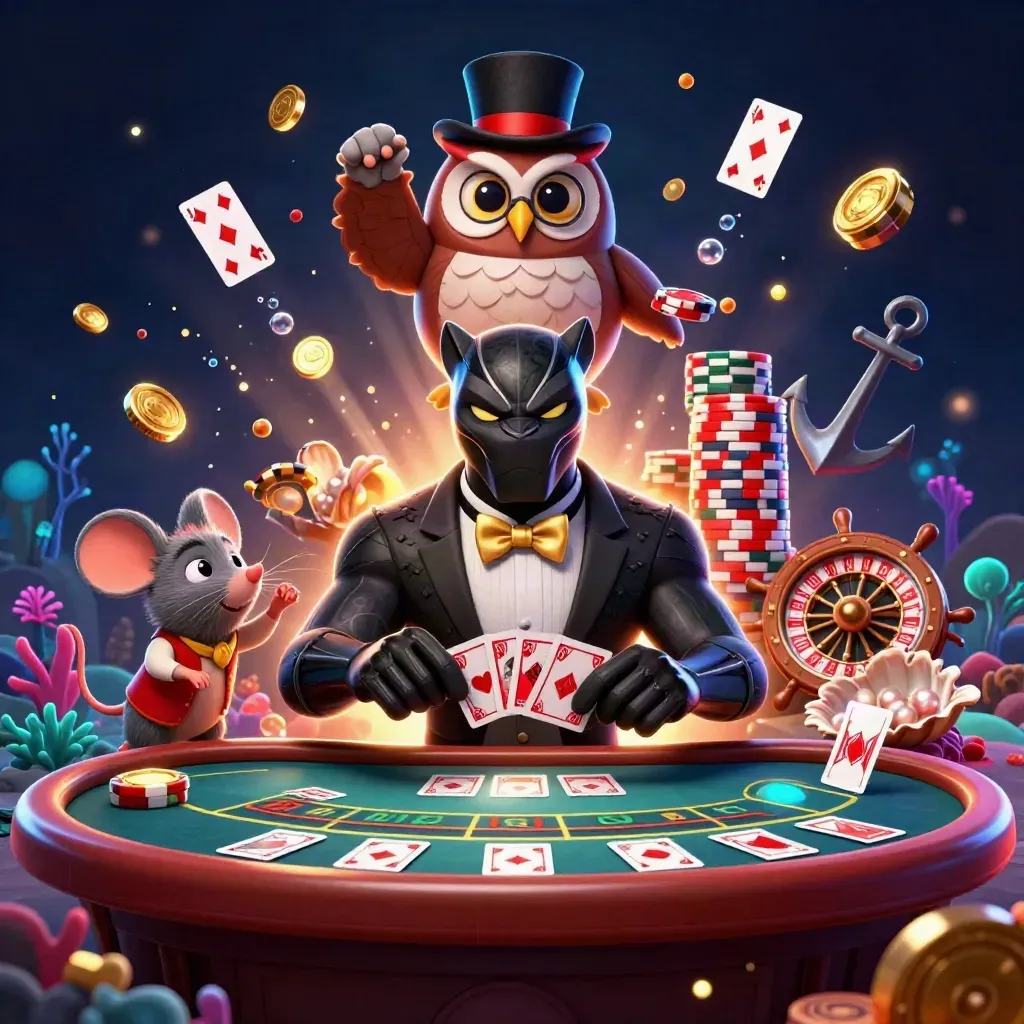 Panther, owl, and mouse in a luxe casino tableau with coins, coral, and neon light.