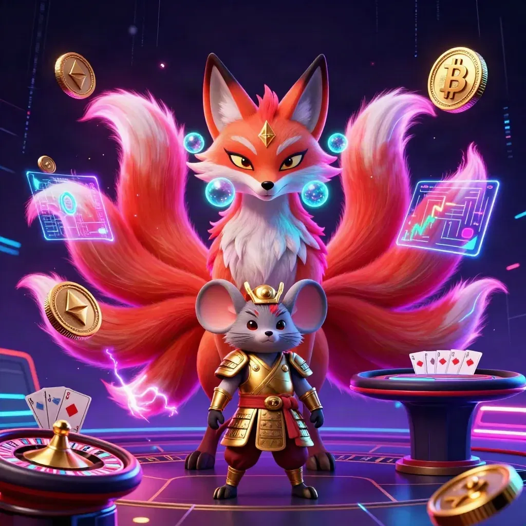 Neon fox spirit and armored mouse amid casino tech, coins, lightning, roulette glow, and digital rain.