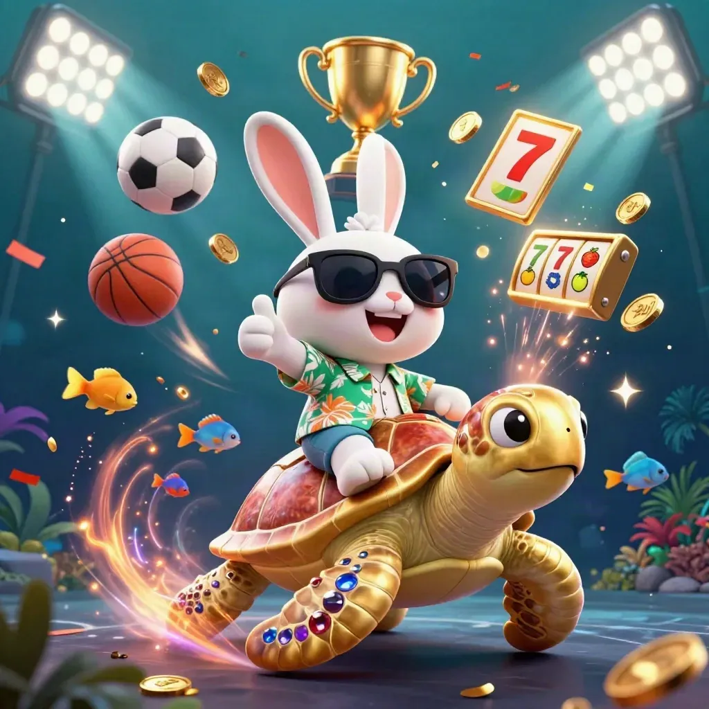 Rabbit on golden sea turtle amid coins, sports balls, trophies, and underwater neon casino chaos