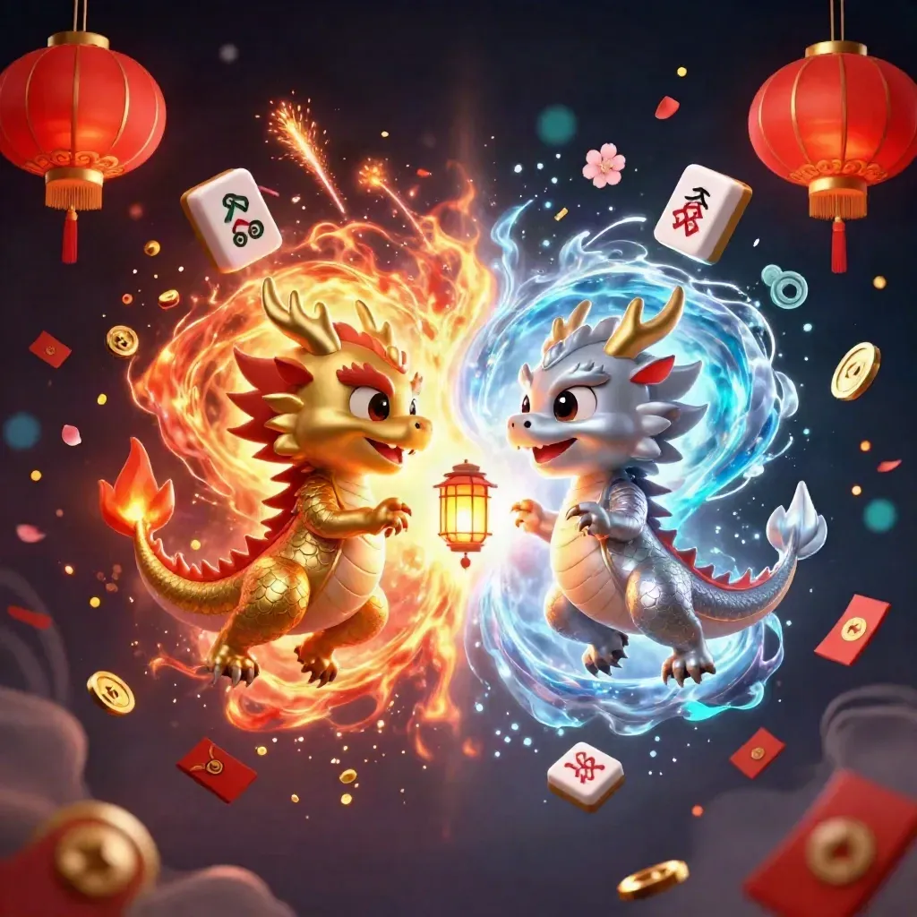 Twin gold and silver dragons form a fiery yin-yang amid casino treasures and petals.
