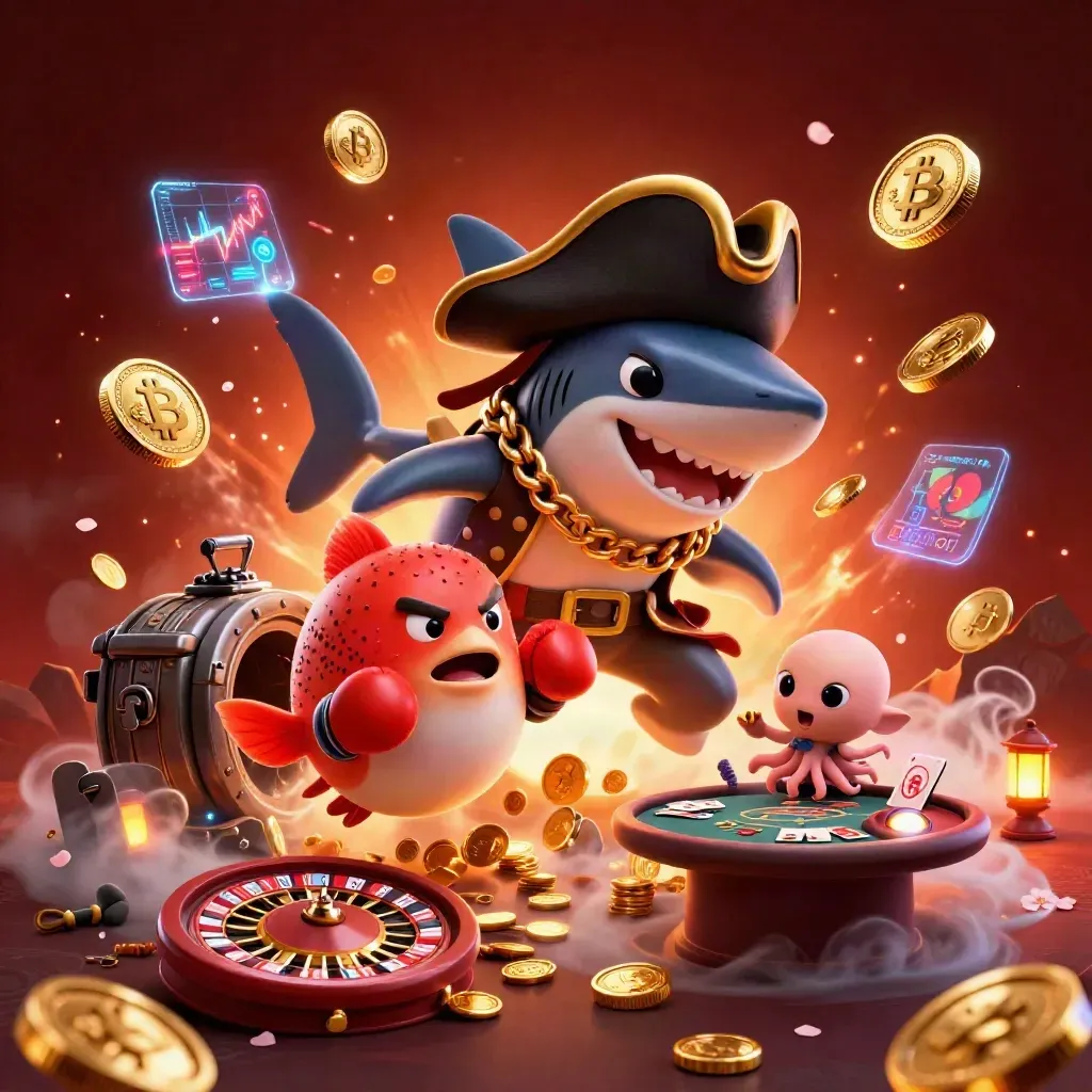 Pirate shark, pufferfish, and octopus burst treasure amid neon casino symbols and fireworks.